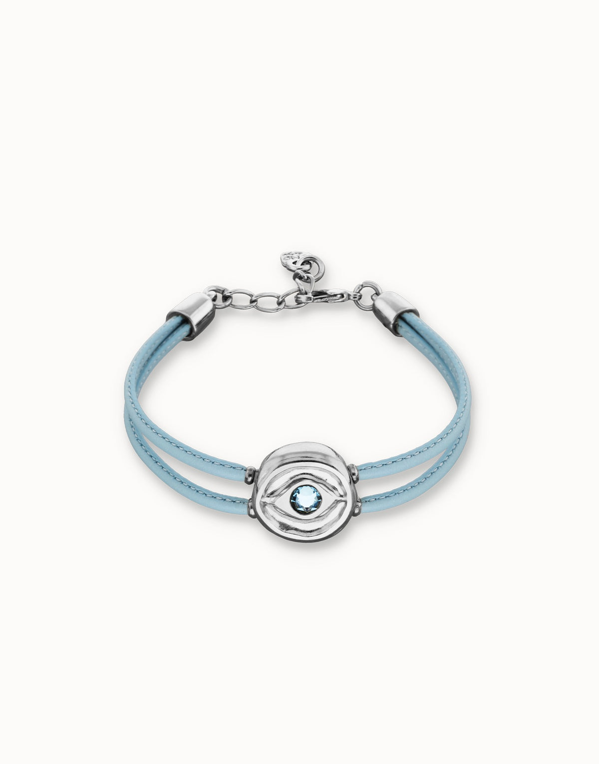 Blue Leather Bracelet With A Metal Alloy Eye Detail Pleated In Sterling Silver And Crystal