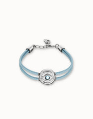 Blue Leather Bracelet With A Metal Alloy Eye Detail Pleated In Sterling Silver And Crystal