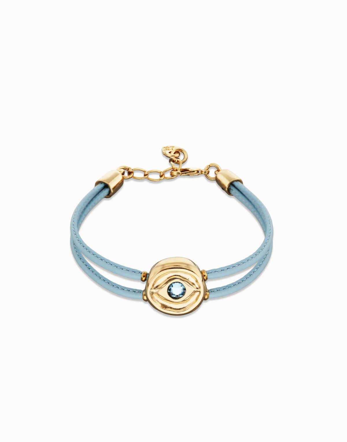 Double Blue Leather Bracelet With A Metal Alloy Eye Detail Pleated In Gold 18K And Crystal