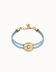 Double Blue Leather Bracelet With A Metal Alloy Eye Detail Pleated In Gold 18K And Crystal