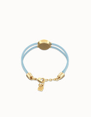 Double Blue Leather Bracelet With A Metal Alloy Eye Detail Pleated In Gold 18K And Crystal