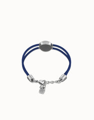 Double Dark Blue Leather Bracelet With A Metal Alloy Eye Pleated In Sterling Silver And Crystal
