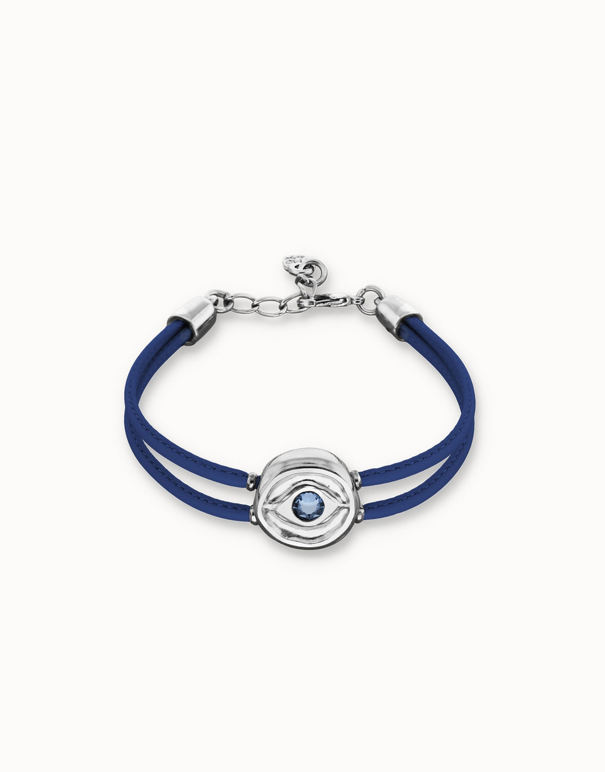 Double Dark Blue Leather Bracelet With A Metal Alloy Eye Pleated In Sterling Silver And Crystal