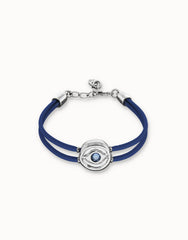 Double Dark Blue Leather Bracelet With A Metal Alloy Eye Pleated In Sterling Silver And Crystal