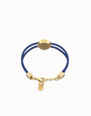 Double Blue Leather Bracelet With A Metal Alloy Eye Detail Pleated In Gold 18K And Crystal