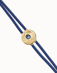 Double Blue Leather Bracelet With A Metal Alloy Eye Detail Pleated In Gold 18K And Crystal