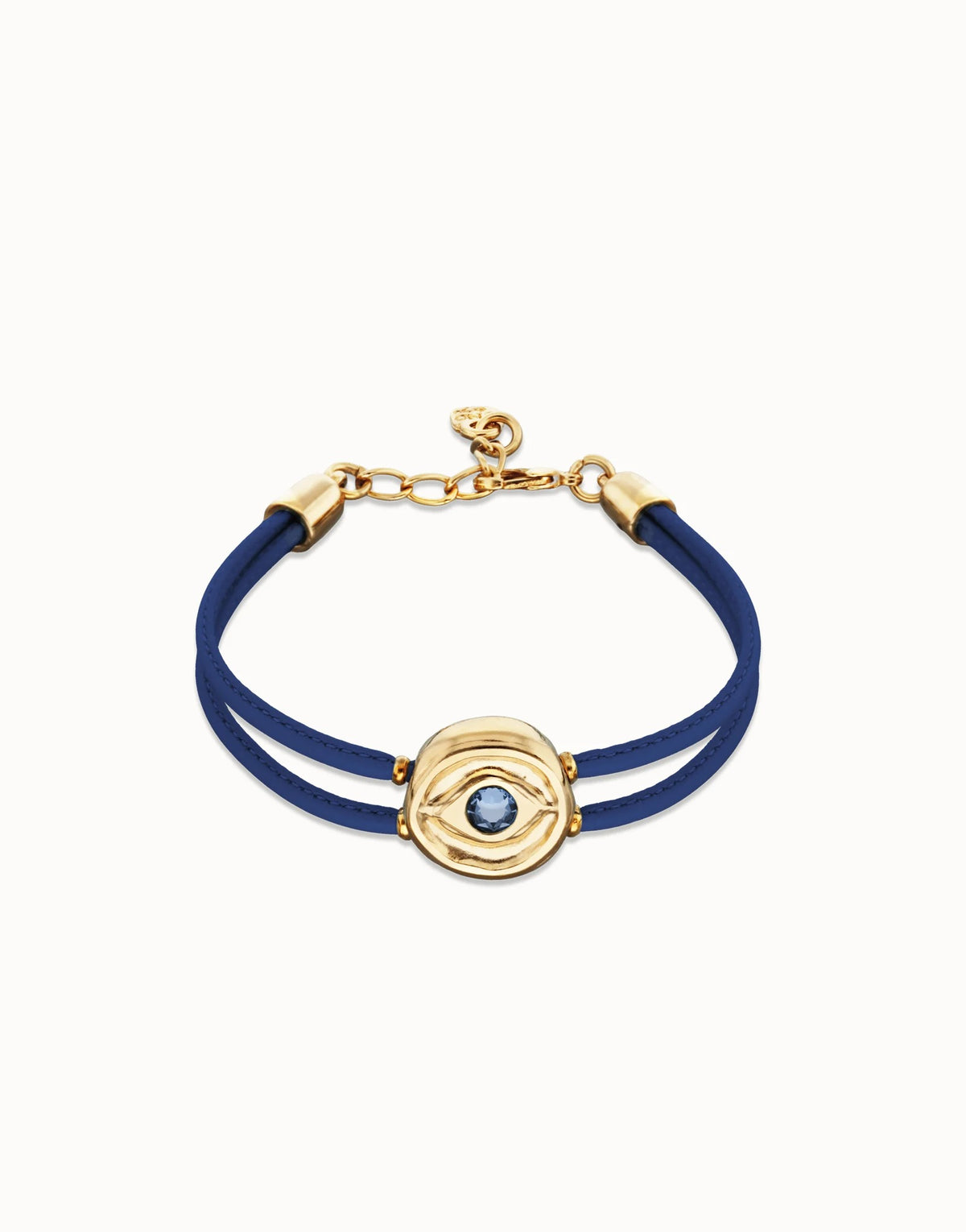 Double Blue Leather Bracelet With A Metal Alloy Eye Detail Pleated In Gold 18K And Crystal