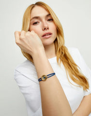 Double Blue Leather Bracelet With A Metal Alloy Eye Detail Pleated In Gold 18K And Crystal