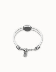 Double White Leather Bracelet With A Metal Alloy Eye Detail Pleated In Sterling Silver And Crystal