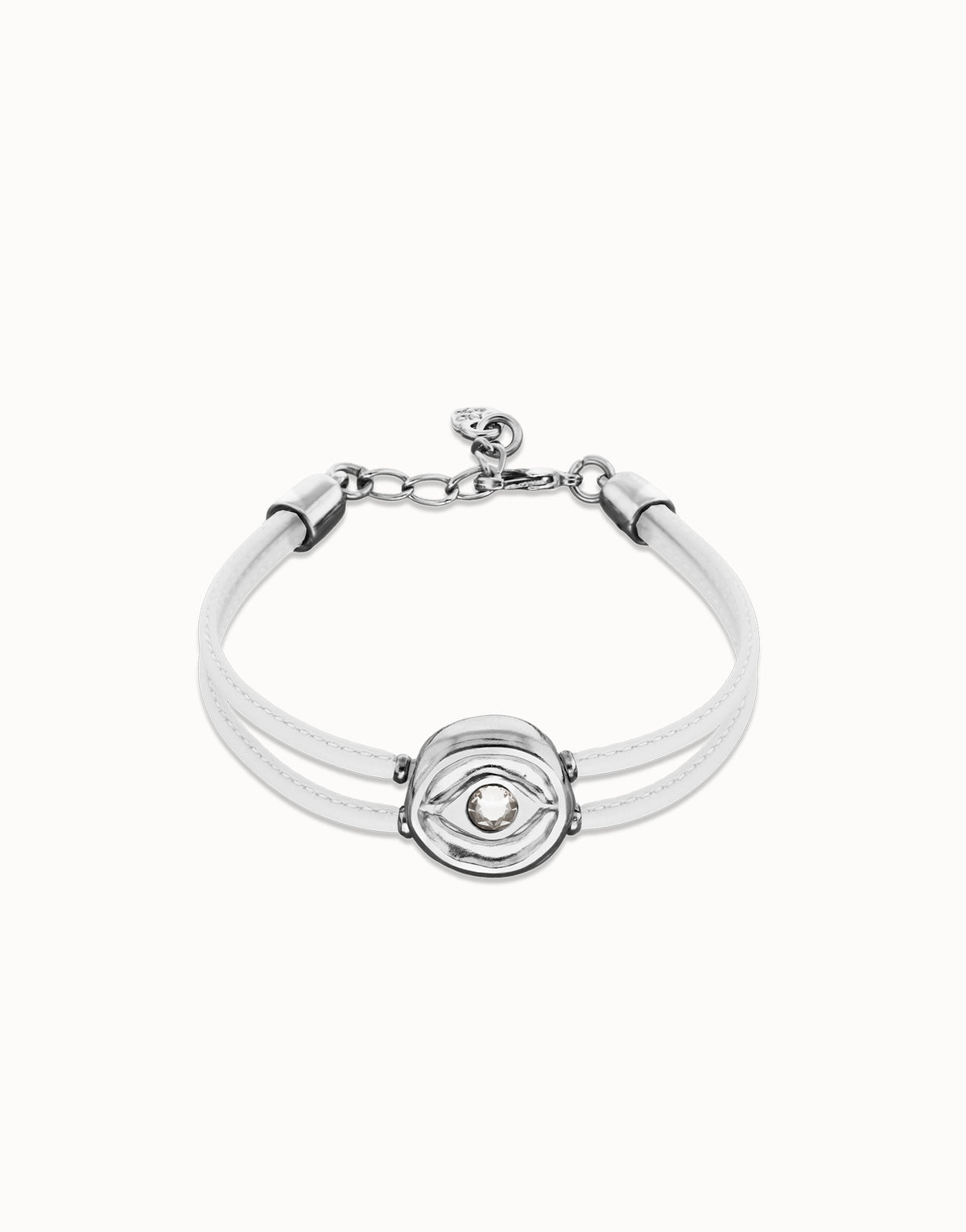 Double White Leather Bracelet With A Metal Alloy Eye Detail Pleated In Sterling Silver And Crystal