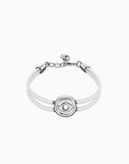 Double White Leather Bracelet With A Metal Alloy Eye Detail Pleated In Sterling Silver And Crystal