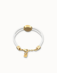 Double White Leather Bracelet With A Metal Alloy Eye Detail Pleated In Gold 18K And Crystal