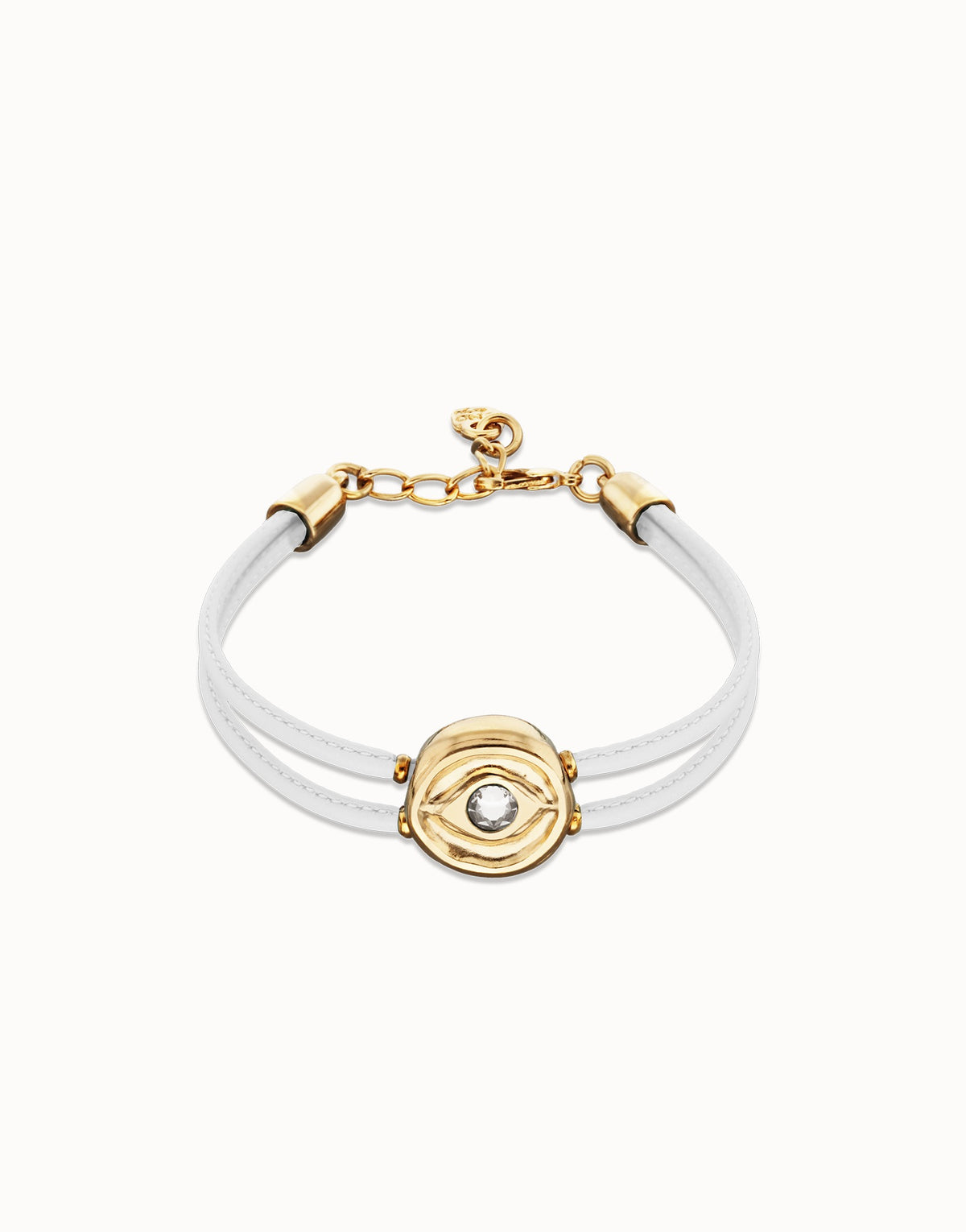 Double White Leather Bracelet With A Metal Alloy Eye Detail Pleated In Gold 18K And Crystal