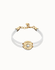 Double White Leather Bracelet With A Metal Alloy Eye Detail Pleated In Gold 18K And Crystal