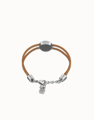 Double Cream Leather Bracelet With A Metal Alloy Eye Detail Pleated In Sterling Silver And Crystal