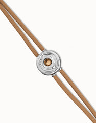 Double Cream Leather Bracelet With A Metal Alloy Eye Detail Pleated In Sterling Silver And Crystal