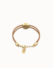 Double Cream Leather Bracelet With A Metal Alloy Eye Detail Pleated In Gold 18K And Crystal