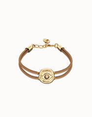 Double Cream Leather Bracelet With A Metal Alloy Eye Detail Pleated In Gold 18K And Crystal