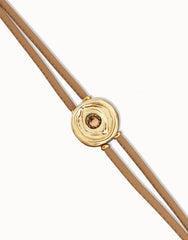 Double Cream Leather Bracelet With A Metal Alloy Eye Detail Pleated In Gold 18K And Crystal