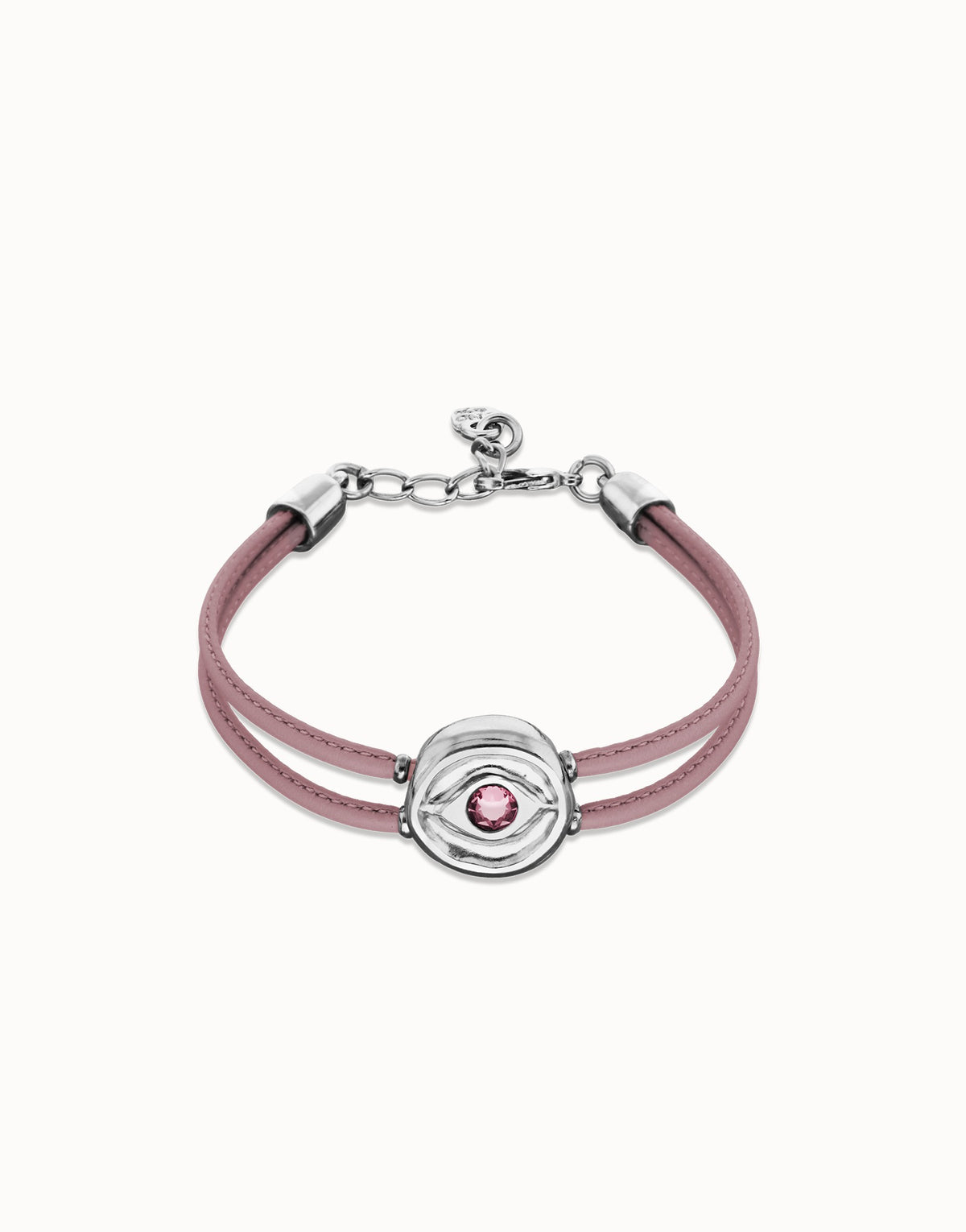 Double Lilac Leather Bracelet With A Metal Alloy Eye Detail Pleated In Sterling Silver And Crystal