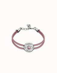 Double Lilac Leather Bracelet With A Metal Alloy Eye Detail Pleated In Sterling Silver And Crystal