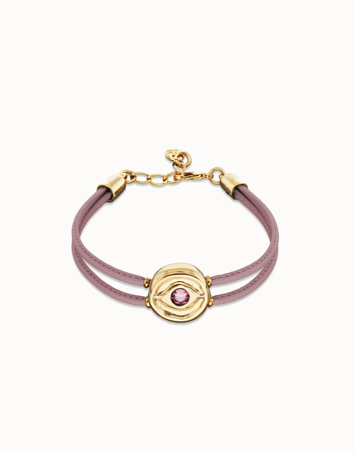 Double Lilac Leather Bracelet With A Metal Alloy Eye Detail Pleated In Gold 18K Crystal