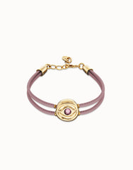 Double Lilac Leather Bracelet With A Metal Alloy Eye Detail Pleated In Gold 18K Crystal