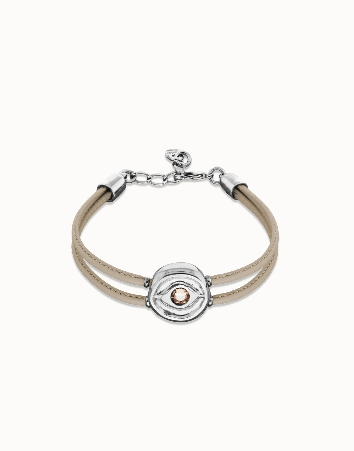 Double Marfil Leather Bracelet With A Metal Alloy Eye Detail Pleated In Sterling Silver And Crystal