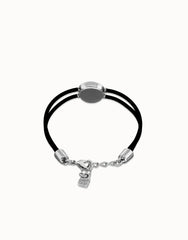 Double Black Leather Bracelet With A Metal Alloy Eye Detail Pleated In Sterling Silver And Crystal