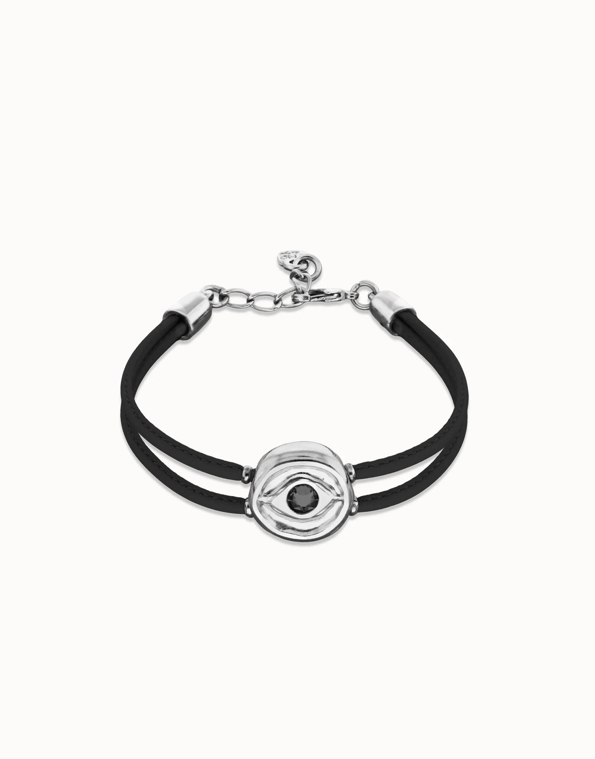 Double Black Leather Bracelet With A Metal Alloy Eye Detail Pleated In Sterling Silver And Crystal