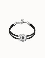 Double Black Leather Bracelet With A Metal Alloy Eye Detail Pleated In Sterling Silver And Crystal