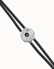 Double Black Leather Bracelet With A Metal Alloy Eye Detail Pleated In Sterling Silver And Crystal