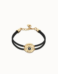 Double Black Leather Bracelet With A Metal Alloy Eye Detail Pleated In Gold 18K And Crystal