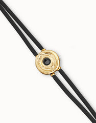 Double Black Leather Bracelet With A Metal Alloy Eye Detail Pleated In Gold 18K And Crystal