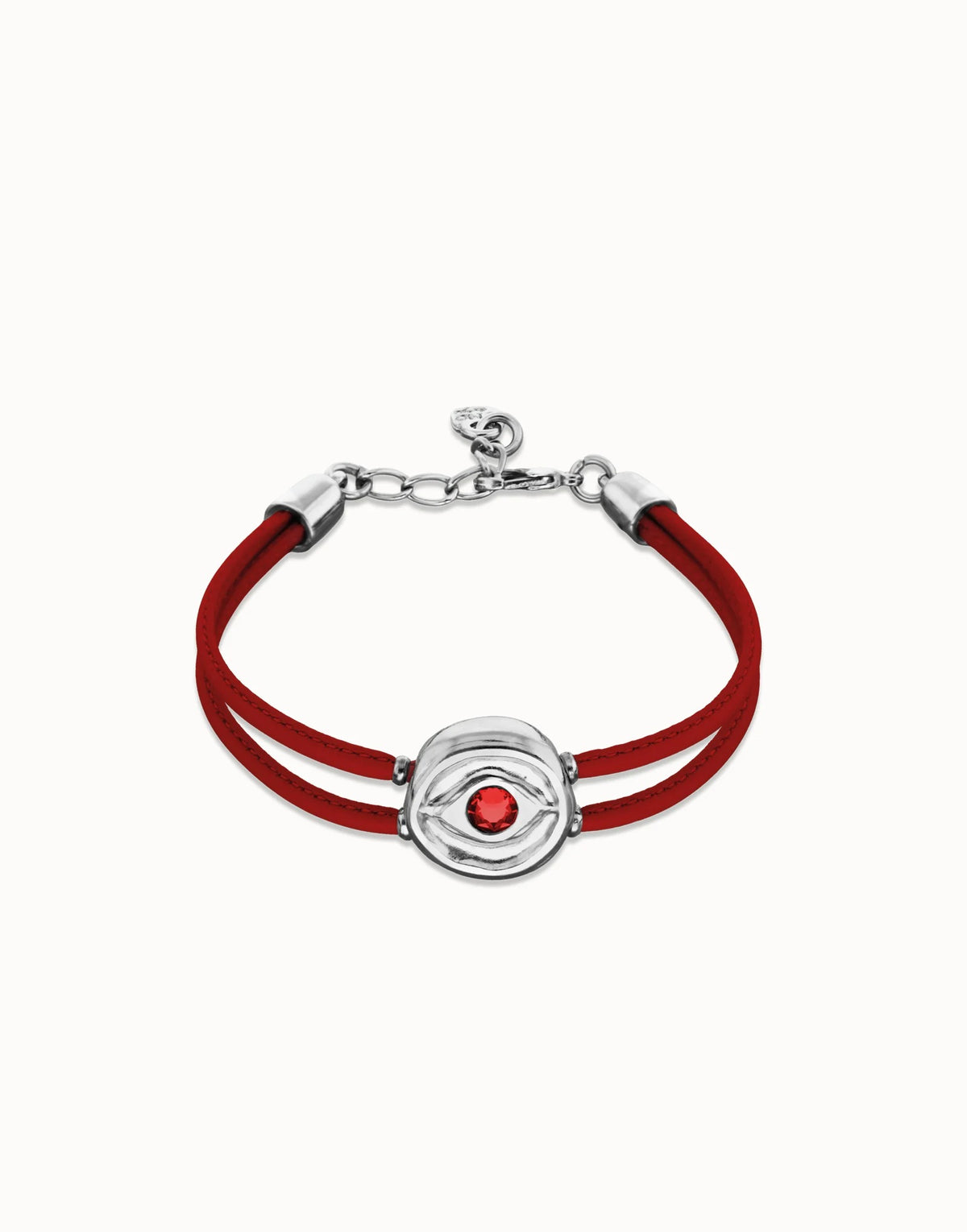 Double Red Leather Bracelet With A Metal Alloy Eye Detail Pleated In Sterling Silver And Crystal