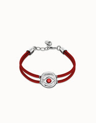 Double Red Leather Bracelet With A Metal Alloy Eye Detail Pleated In Sterling Silver And Crystal
