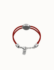 Double Red Leather Bracelet With A Metal Alloy Eye Detail Pleated In Sterling Silver And Crystal