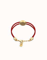 Double Red Leather Bracelet With A Metal Alloy Eye Detail Pleated In Gold 18K And Crystal
