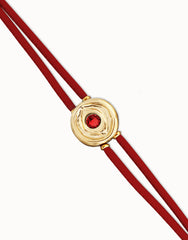Double Red Leather Bracelet With A Metal Alloy Eye Detail Pleated In Gold 18K And Crystal