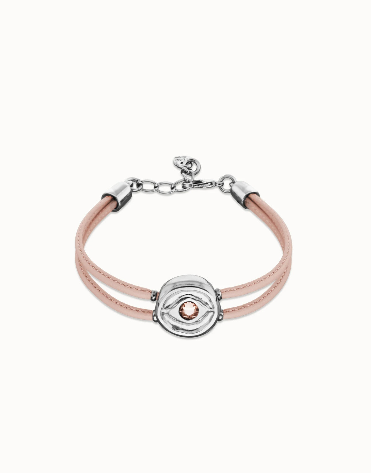 Double Pink Leather Bracelet With A Metal Alloy Eye Detail Pleated In Sterling Silver Andcrystal