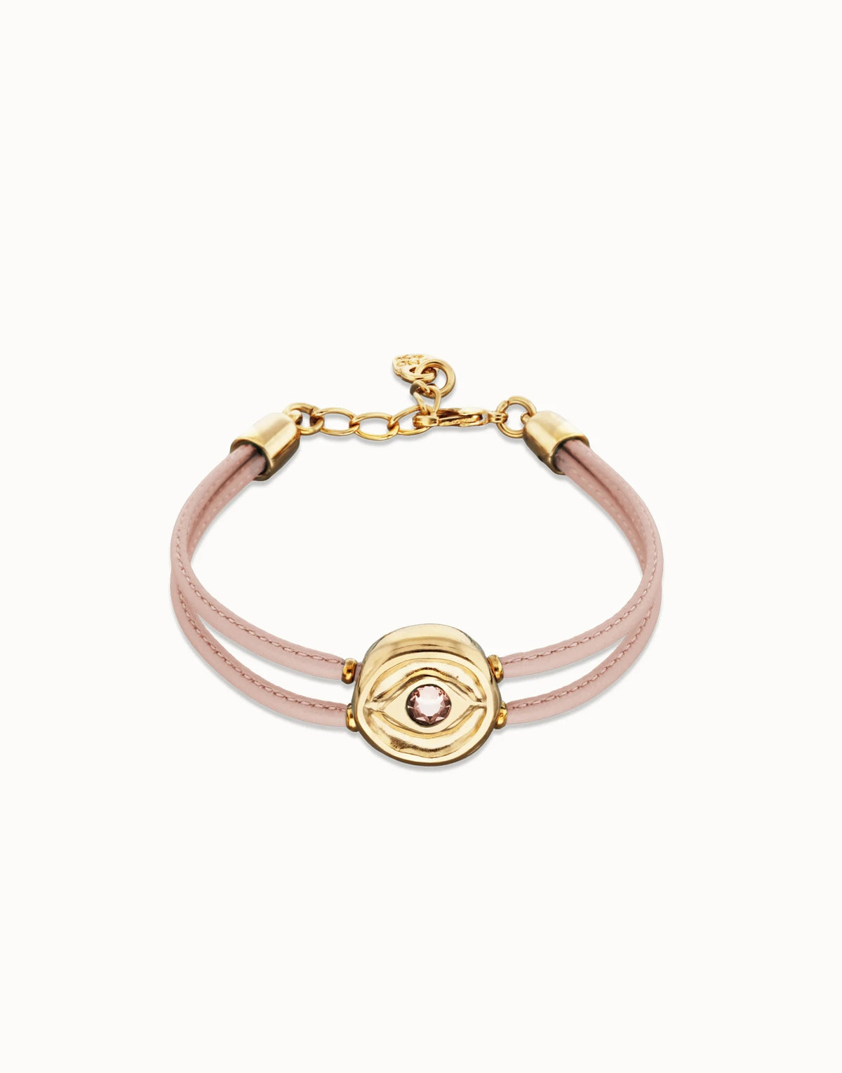 Double Pink Leather Bracelet With A Metal Alloy Eye Detail Pleated In Gold 18K And Crystal