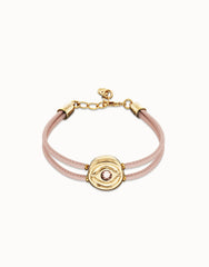 Double Pink Leather Bracelet With A Metal Alloy Eye Detail Pleated In Gold 18K And Crystal