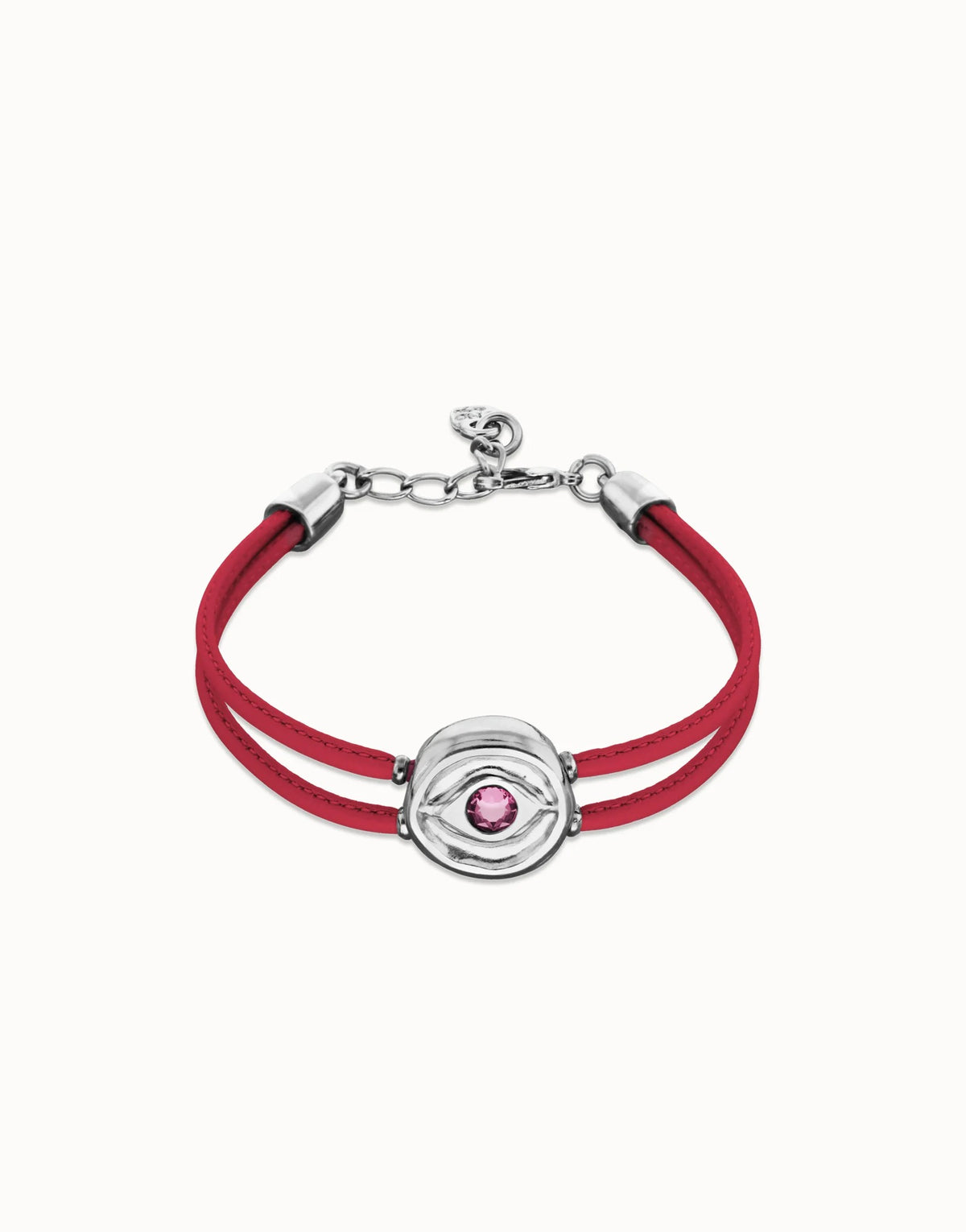 Double Dark Pink Leather Bracelet With A Metal Alloy Eye Detail Pleated In Sterling Silver Crystal