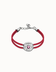 Double Dark Pink Leather Bracelet With A Metal Alloy Eye Detail Pleated In Sterling Silver Crystal