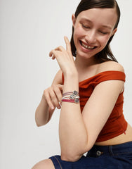 Double Dark Pink Leather Bracelet With A Metal Alloy Eye Detail Pleated In Sterling Silver Crystal