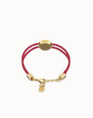 Double Dark Pink Leather Bracelet With A Metal Alloy Eye Detail Pleated In Gold 18K And Crystal