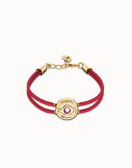 Double Dark Pink Leather Bracelet With A Metal Alloy Eye Detail Pleated In Gold 18K And Crystal
