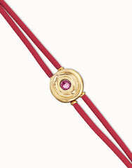 Double Dark Pink Leather Bracelet With A Metal Alloy Eye Detail Pleated In Gold 18K And Crystal