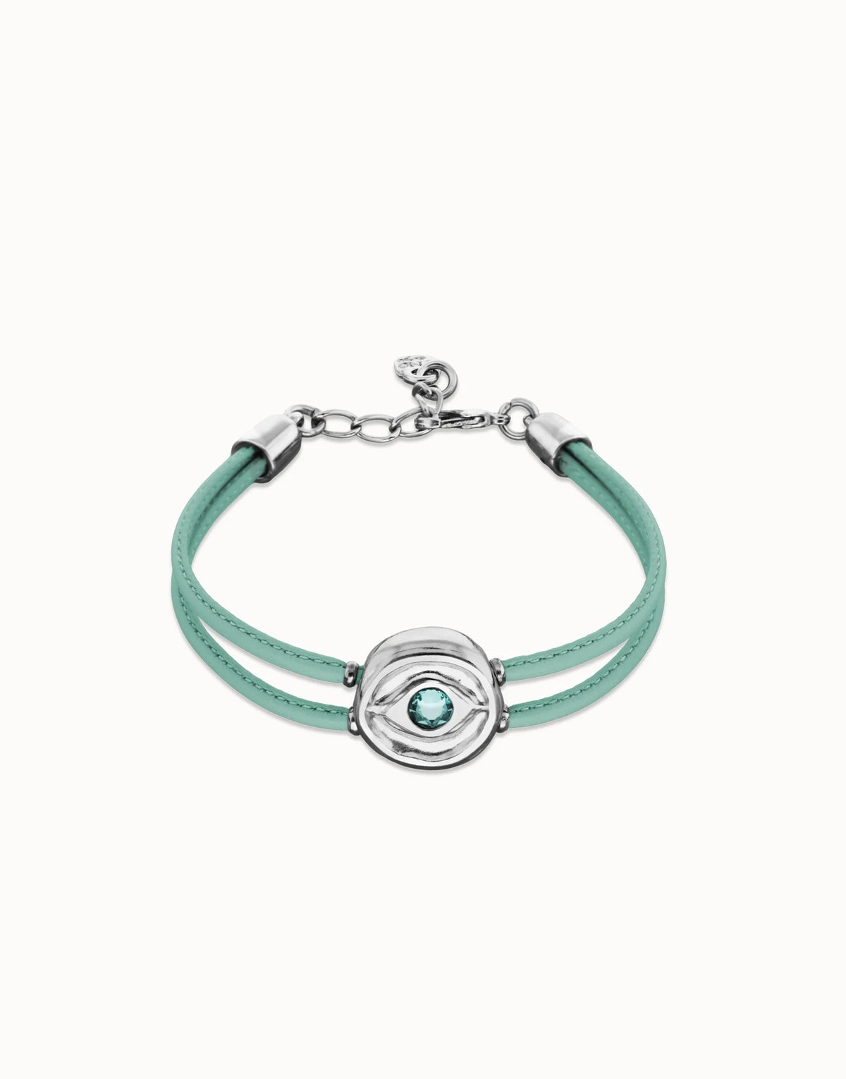Double Turqfwse Leather Bracelet With A Metal Alloy Eye Detail Pleated In Sterling Silver Crystal