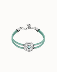 Double Turqfwse Leather Bracelet With A Metal Alloy Eye Detail Pleated In Sterling Silver Crystal